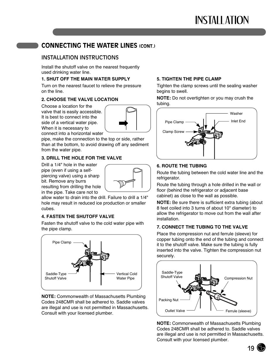 19 connecting the water lines, Installation instructions | LG LMC25780SB User Manual | Page 19 / 40
