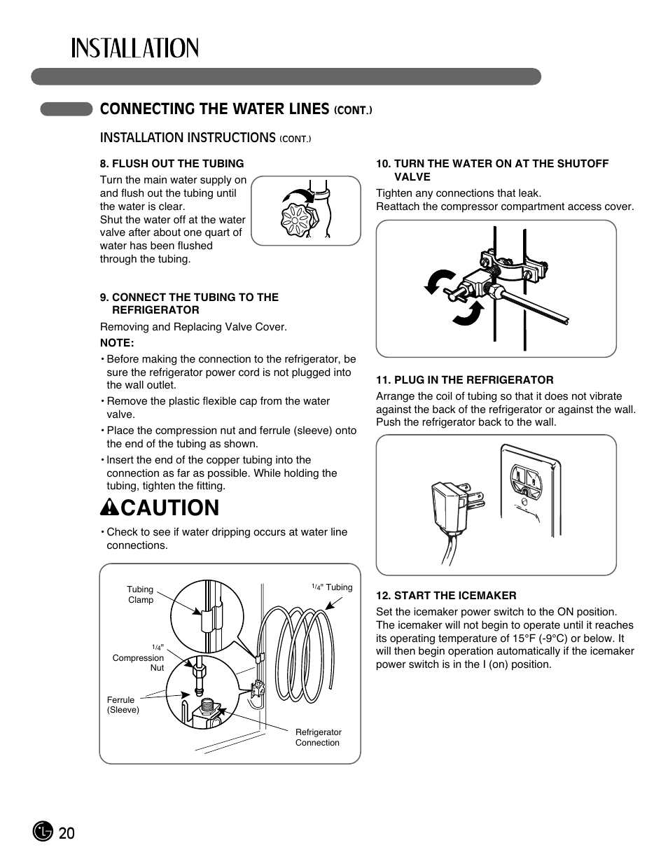 Wcaution, 20 connecting the water lines | LG LMC25780SB User Manual | Page 20 / 40