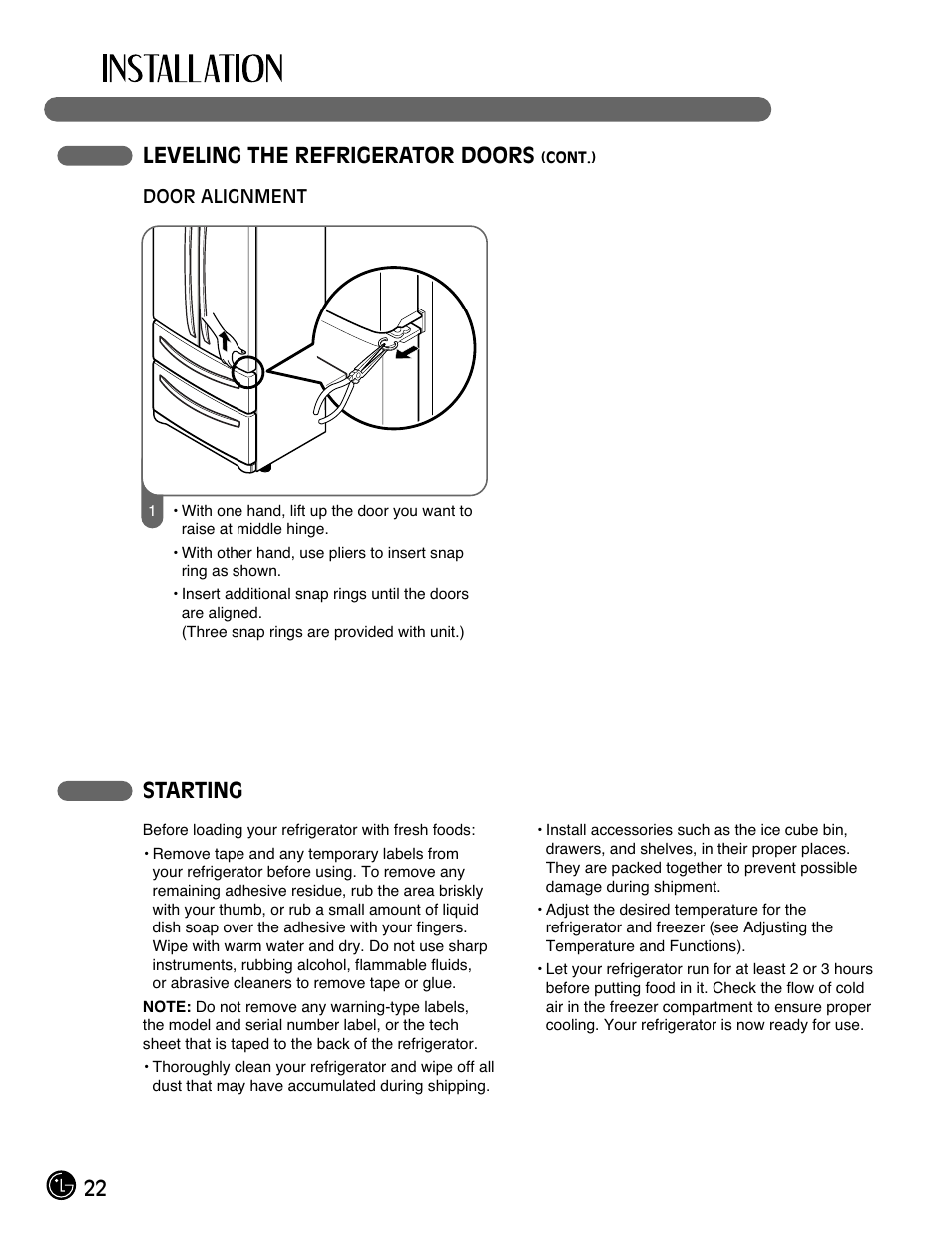 22 leveling the refrigerator doors, Starting | LG LMC25780SB User Manual | Page 22 / 40