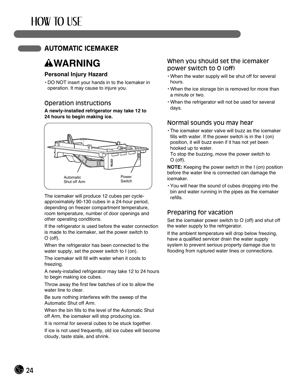 Wwarning, 24 automatic icemaker | LG LMC25780SB User Manual | Page 24 / 40