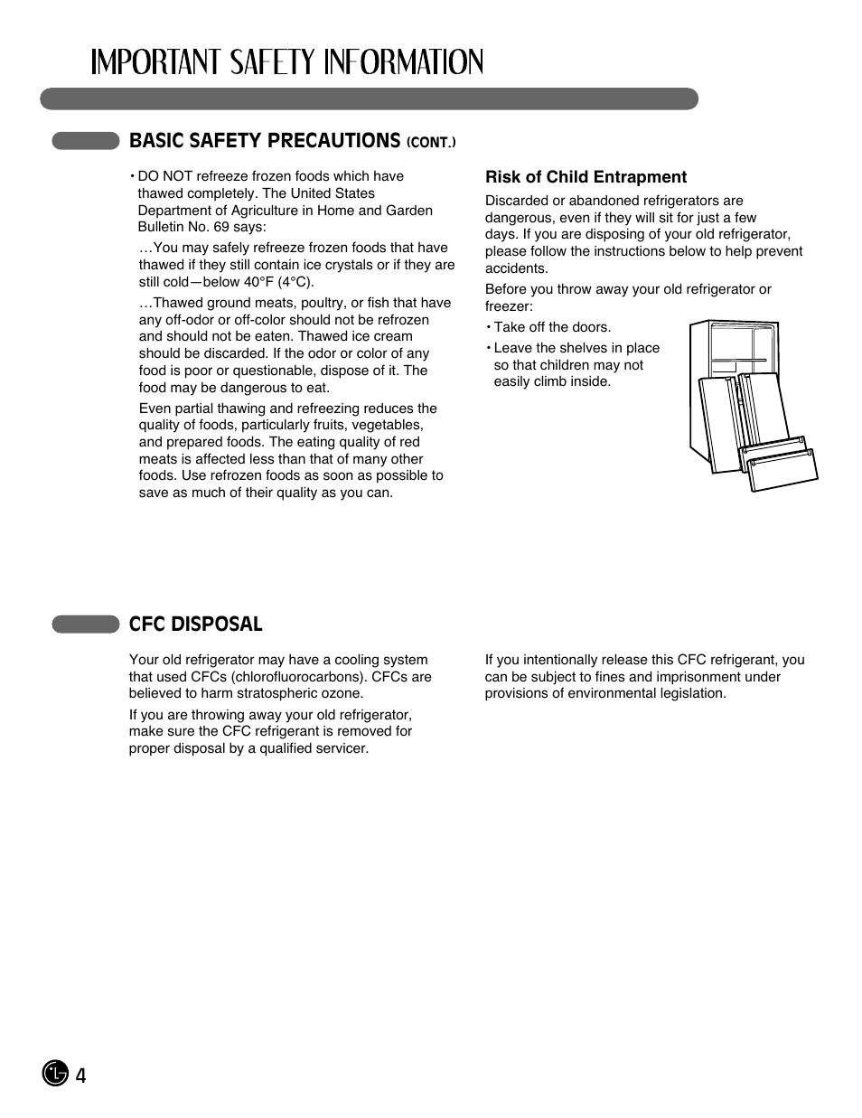 4basic safety precautions, Cfc disposal | LG LMC25780SB User Manual | Page 4 / 40