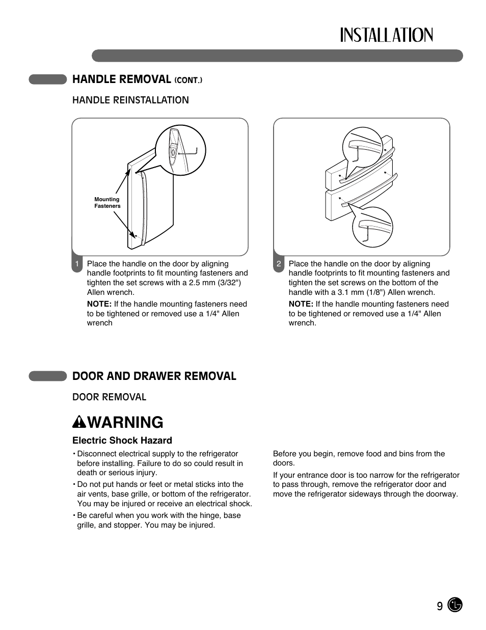 Wwarning, 9handle removal, Door and drawer removal | LG LMC25780SB User Manual | Page 9 / 40