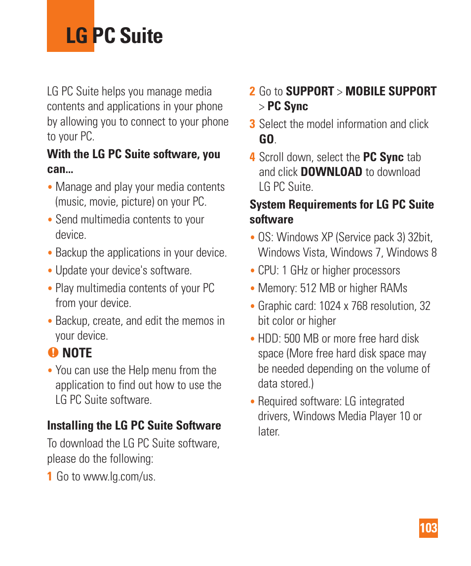 Lg pc suite | LG LGD950 User Manual | Page 103 / 136