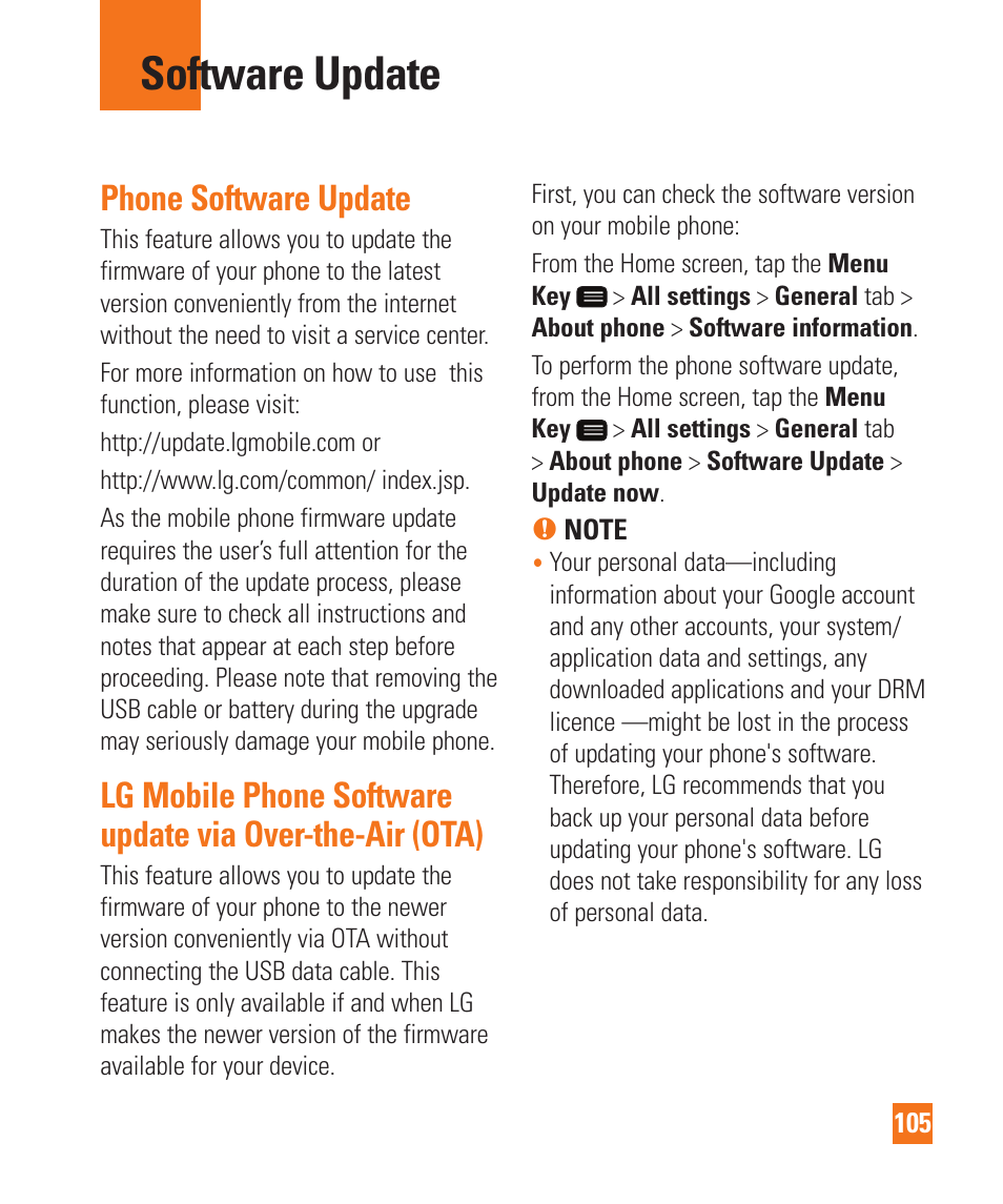 Software update, Phone software update | LG LGD950 User Manual | Page 105 / 136