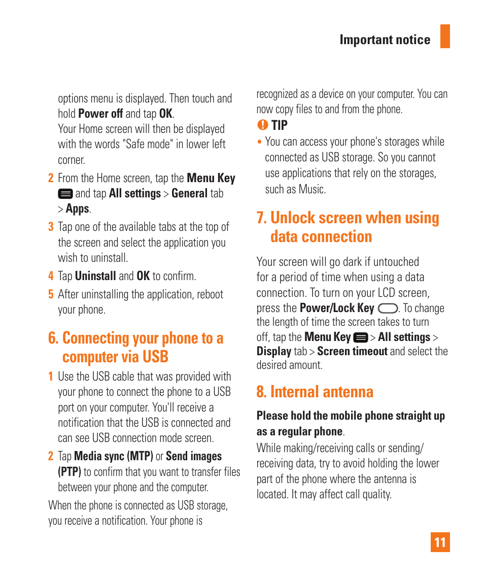 Connecting your phone to a computer via usb, Unlock screen when using data connection, Internal antenna | LG LGD950 User Manual | Page 11 / 136