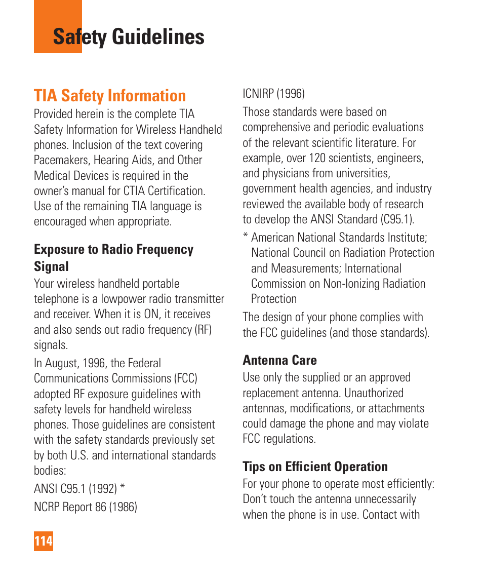 Safety guidelines, Tia safety information | LG LGD950 User Manual | Page 114 / 136