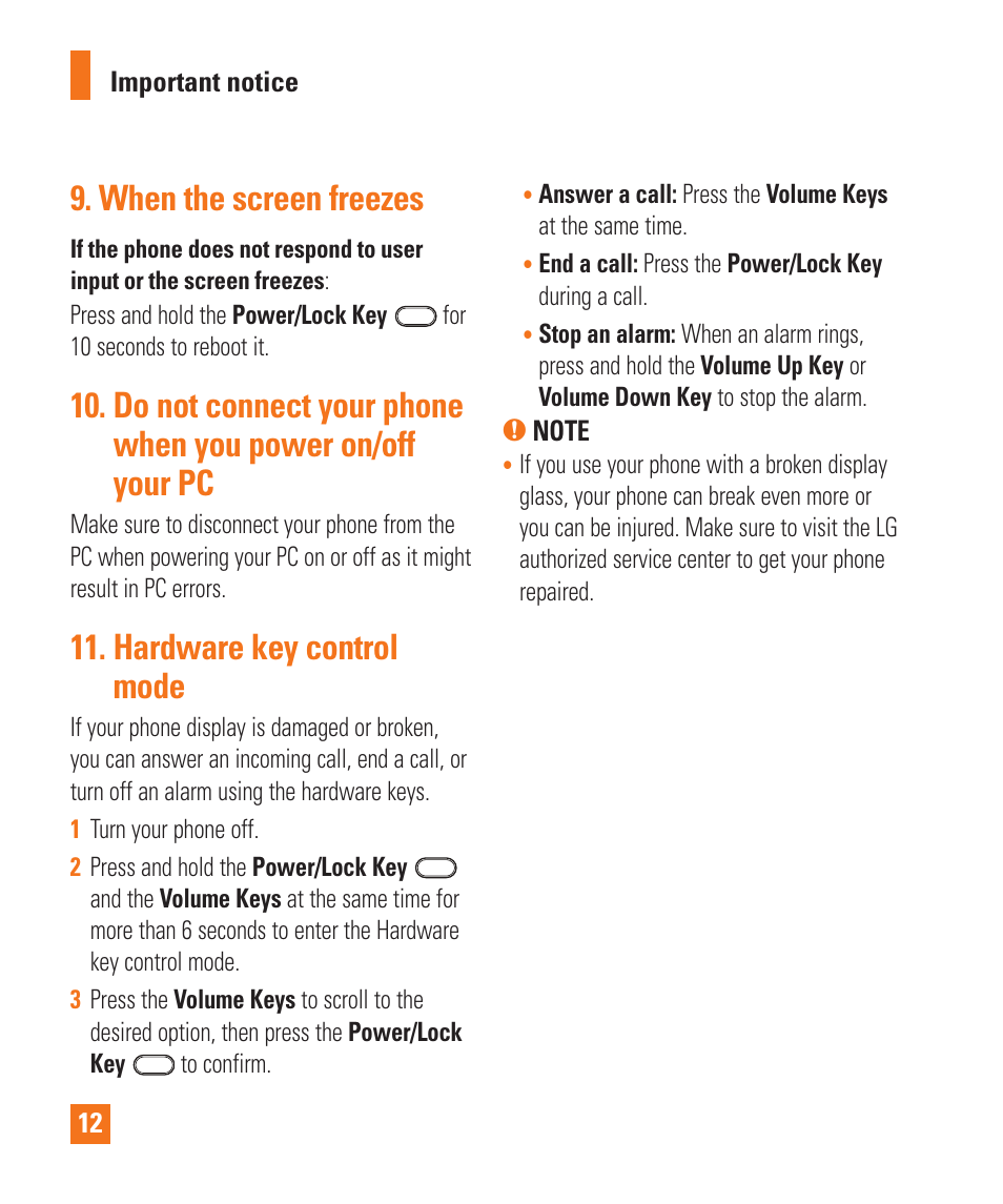 When the screen freezes, Hardware key control mode | LG LGD950 User Manual | Page 12 / 136