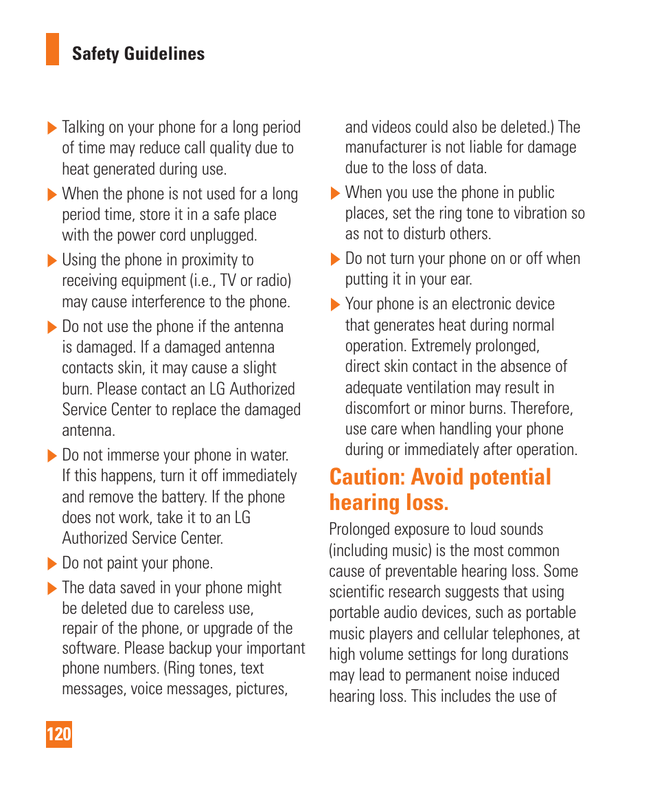 Caution: avoid potential hearing loss | LG LGD950 User Manual | Page 120 / 136