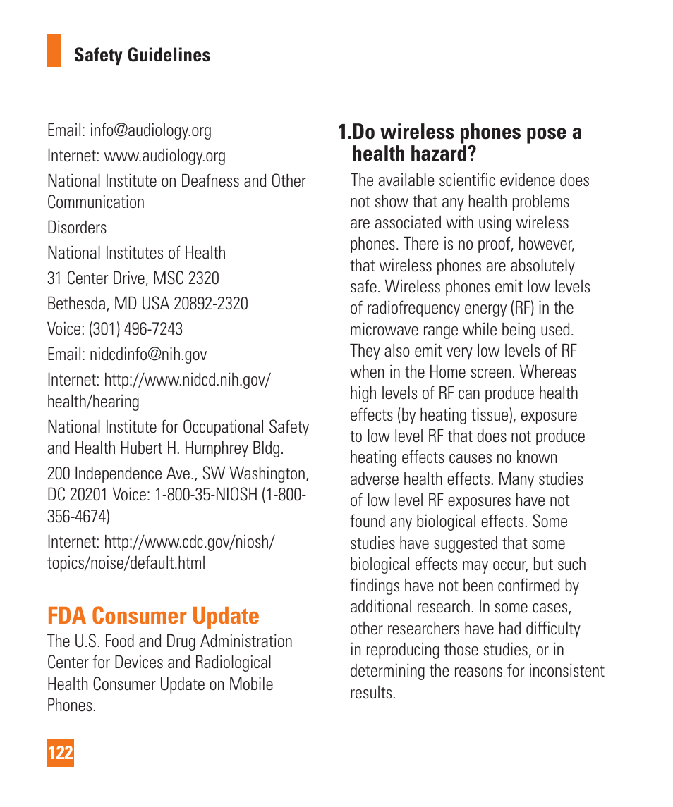 Fda consumer update, Do wireless phones pose a health hazard | LG LGD950 User Manual | Page 122 / 136