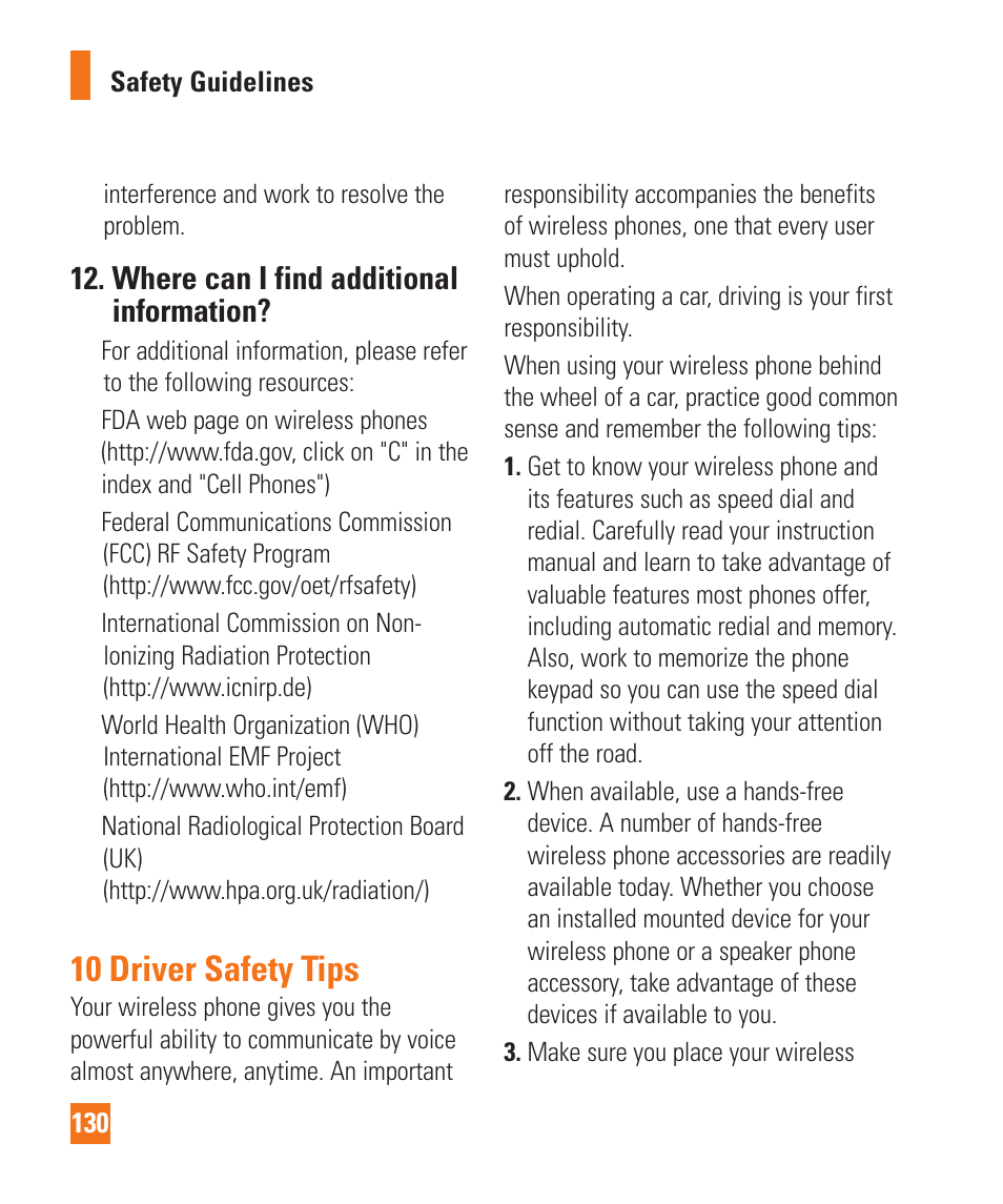 10 driver safety tips, Where can i find additional information | LG LGD950 User Manual | Page 130 / 136