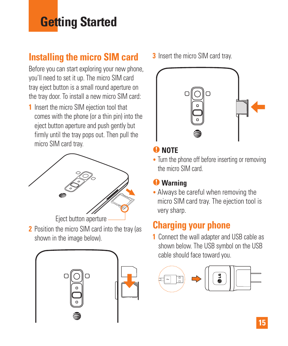 Getting started, Installing the micro sim card, Charging your phone | LG LGD950 User Manual | Page 15 / 136