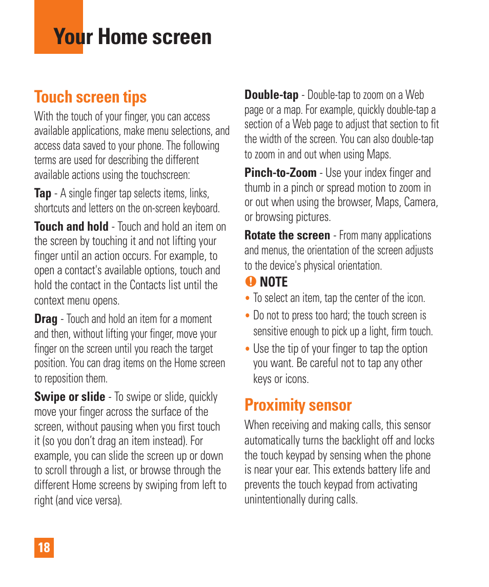 Your home screen, Touch screen tips, Proximity sensor | LG LGD950 User Manual | Page 18 / 136