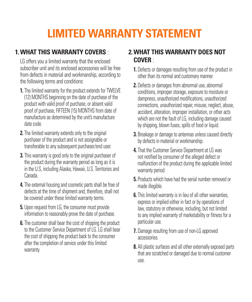 Limited warranty statement | LG LGD950 User Manual | Page 2 / 136