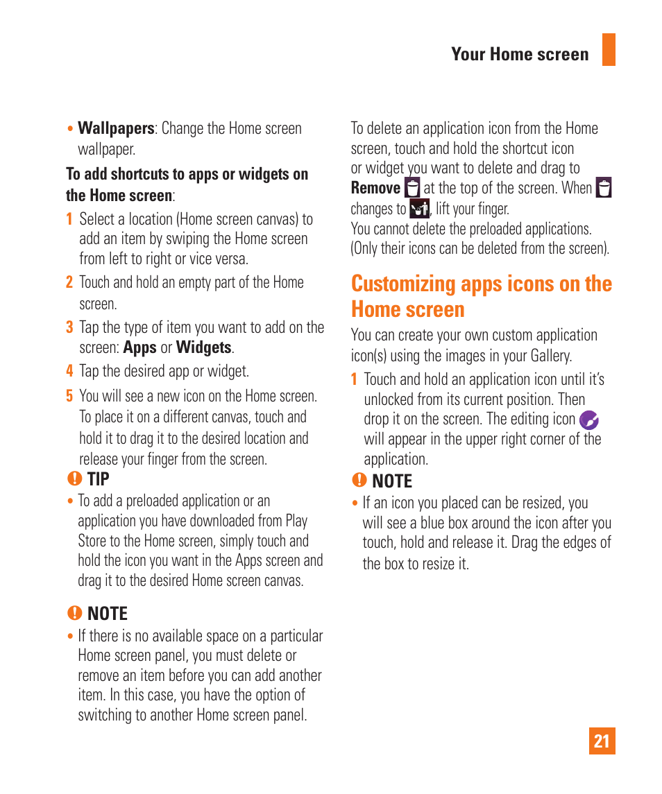 Customizing apps icons on the home screen | LG LGD950 User Manual | Page 21 / 136