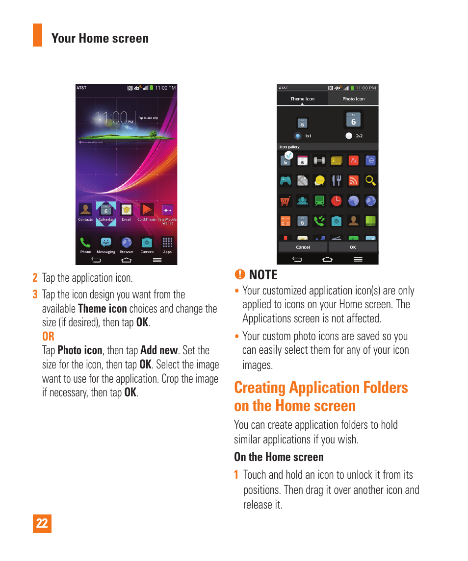 Creating application folders on the home screen | LG LGD950 User Manual | Page 22 / 136