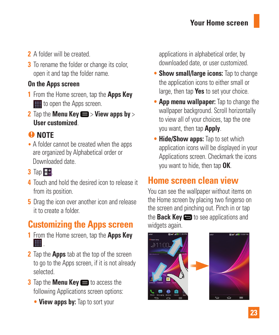 Customizing the apps screen, Home screen clean view, Customizing the apps screen home screen clean view | LG LGD950 User Manual | Page 23 / 136