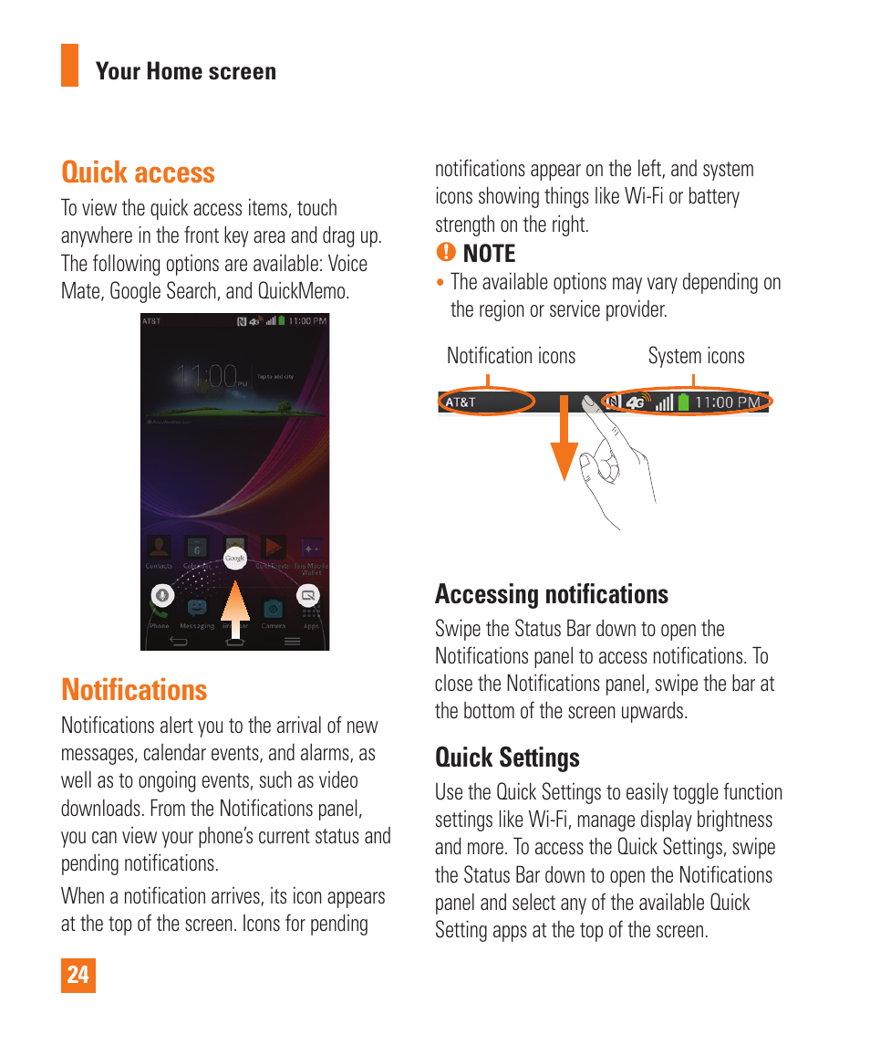 Quick access, Notifications, Quick access notiﬁcations | Accessing notifications, Quick settings | LG LGD950 User Manual | Page 24 / 136