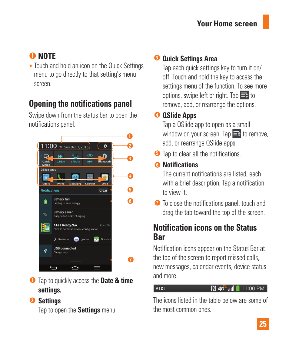 Opening the notifications panel, Notification icons on the status bar | LG LGD950 User Manual | Page 25 / 136