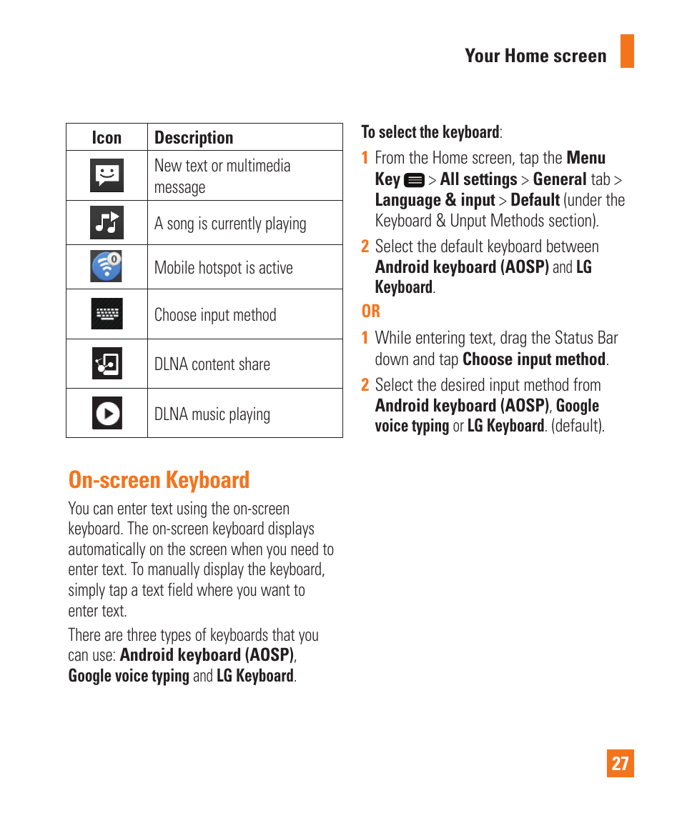 On-screen keyboard | LG LGD950 User Manual | Page 27 / 136