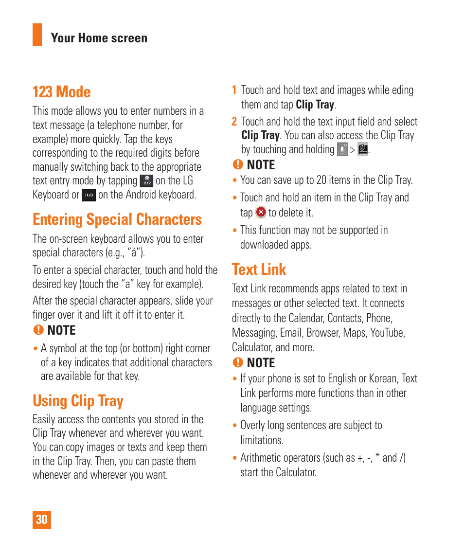 123 mode, Entering special characters, Using clip tray | Text link | LG LGD950 User Manual | Page 30 / 136