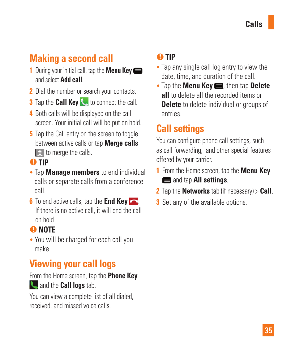 Making a second call, Viewing your call logs, Call settings | LG LGD950 User Manual | Page 35 / 136