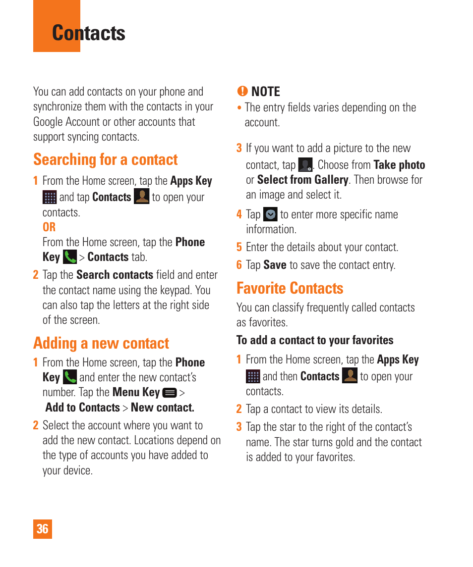 Contacts, Searching for a contact, Adding a new contact | Favorite contacts | LG LGD950 User Manual | Page 36 / 136