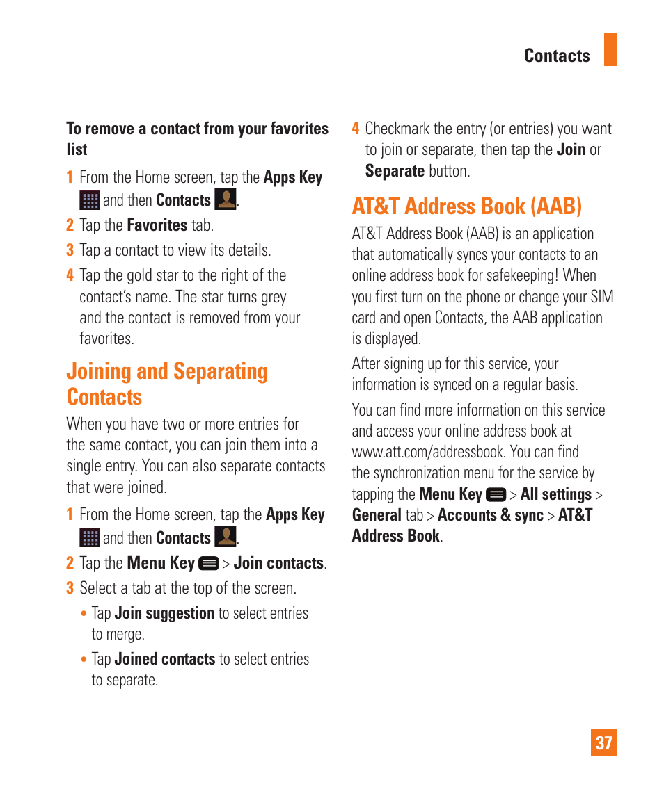 Joining and separating contacts, At&t address book (aab) | LG LGD950 User Manual | Page 37 / 136