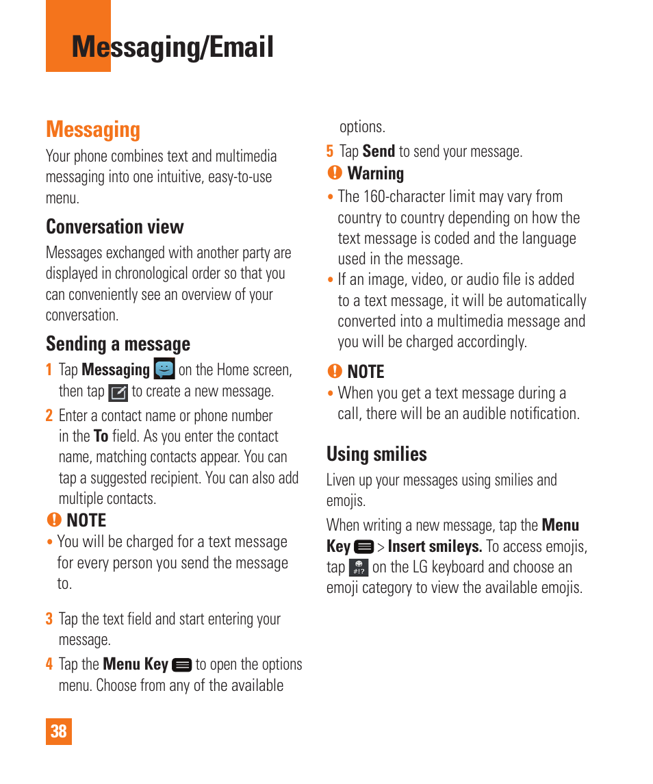 Messaging/email, Messaging, Messaging/email messaging | Conversation view, Sending a message, Using smilies | LG LGD950 User Manual | Page 38 / 136