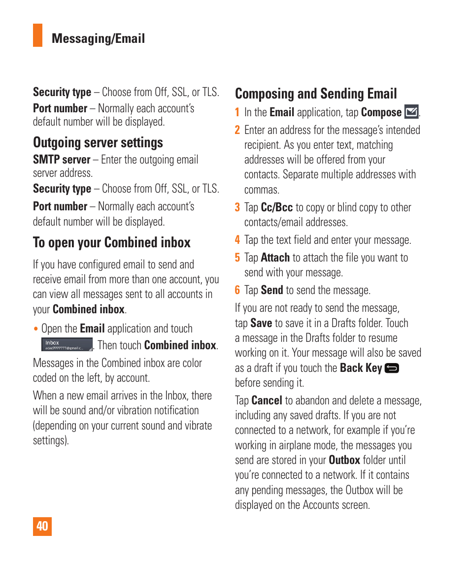 Outgoing server settings, Composing and sending email | LG LGD950 User Manual | Page 40 / 136