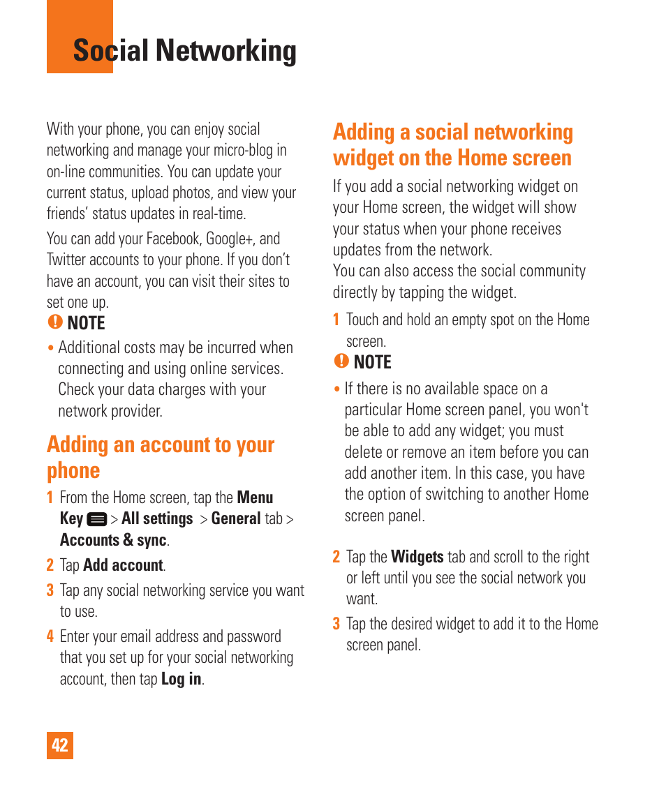 Social networking, Adding an account to yourphone, Adding an account to your phone | LG LGD950 User Manual | Page 42 / 136