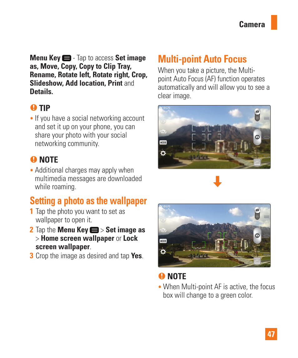 Setting a photo as the wallpaper, Multi-point auto focus | LG LGD950 User Manual | Page 47 / 136