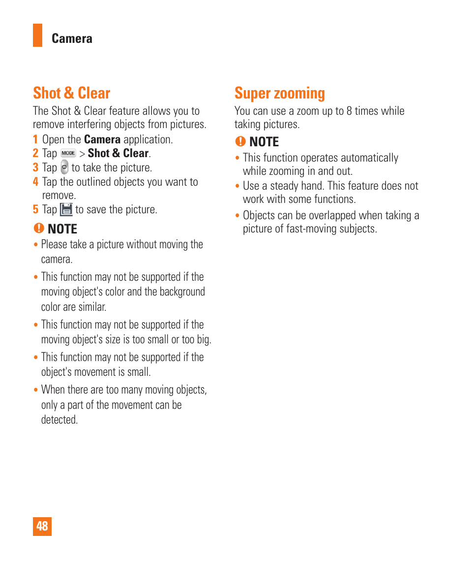 Shot & clear, Super zooming, Shot & clear super zooming | LG LGD950 User Manual | Page 48 / 136