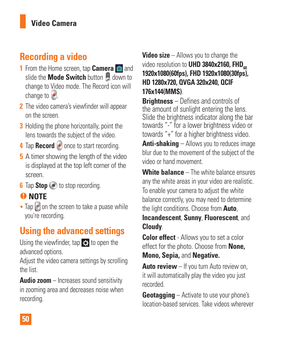 Recording a video, Using the advanced settings | LG LGD950 User Manual | Page 50 / 136