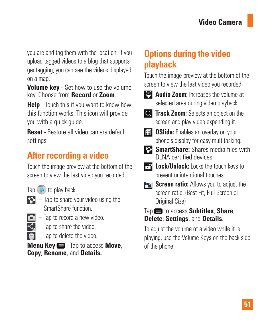 After recording a video, Options during the video playback | LG LGD950 User Manual | Page 51 / 136