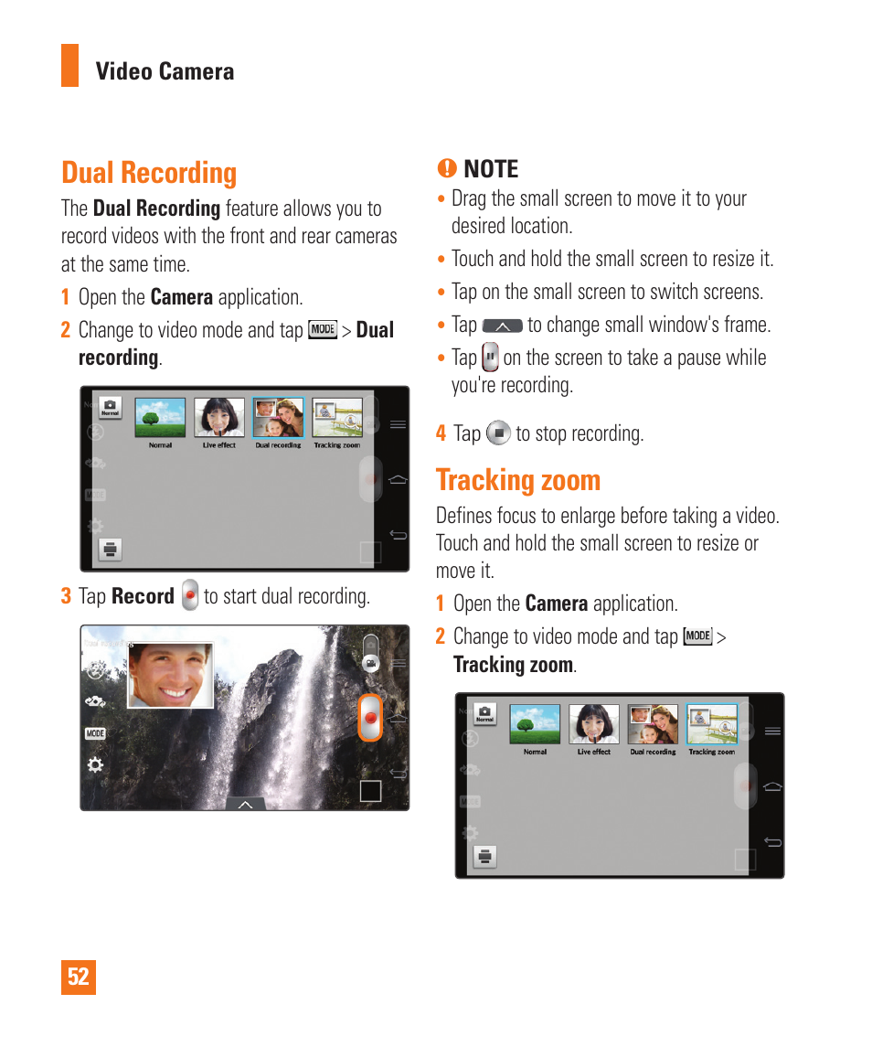 Dual recording, Tracking zoom, Dual recording tracking zoom | LG LGD950 User Manual | Page 52 / 136