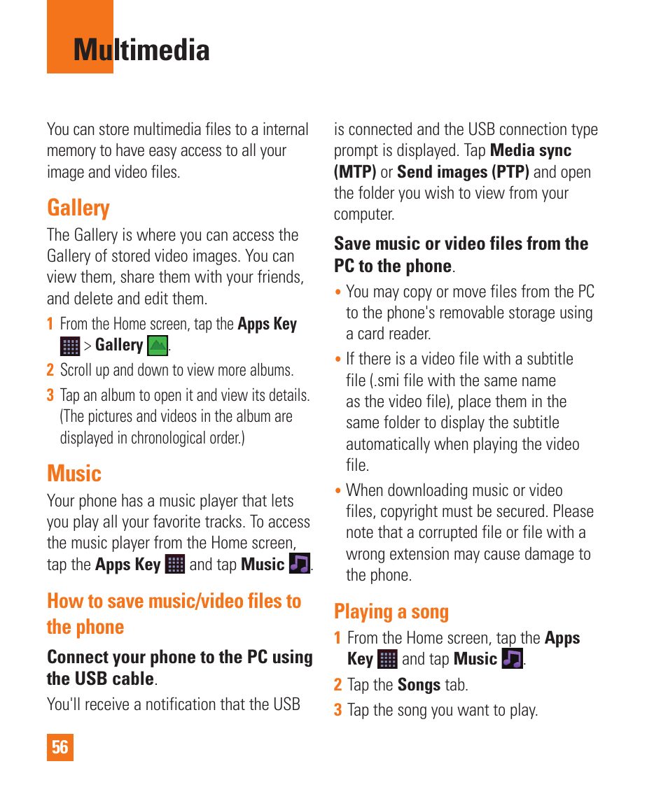 Multimedia, Gallery, Music | How to save music/video files to the phone, Playing a song | LG LGD950 User Manual | Page 56 / 136