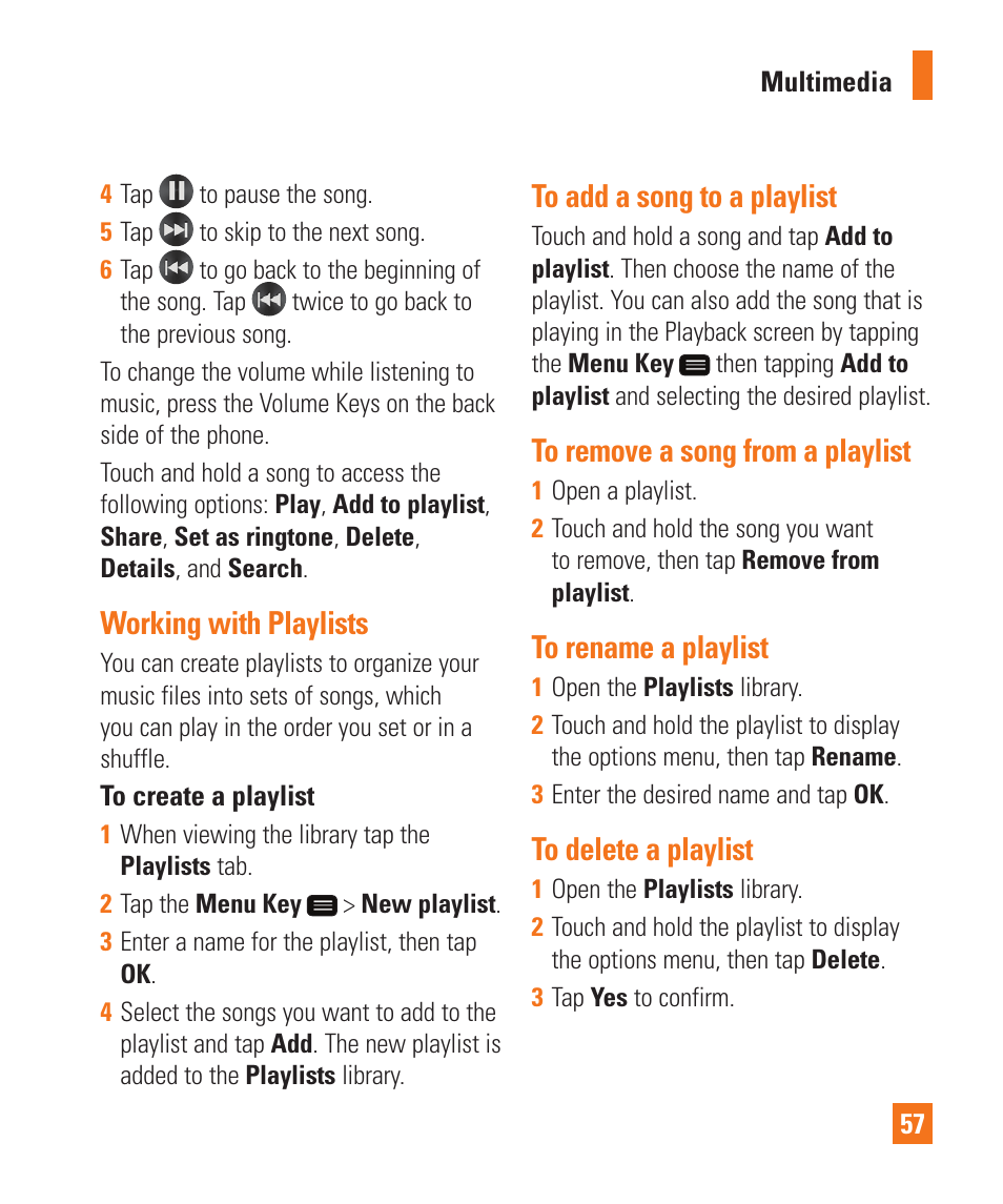 Working with playlists, To add a song to a playlist, To remove a song from a playlist | To rename a playlist, To delete a playlist | LG LGD950 User Manual | Page 57 / 136