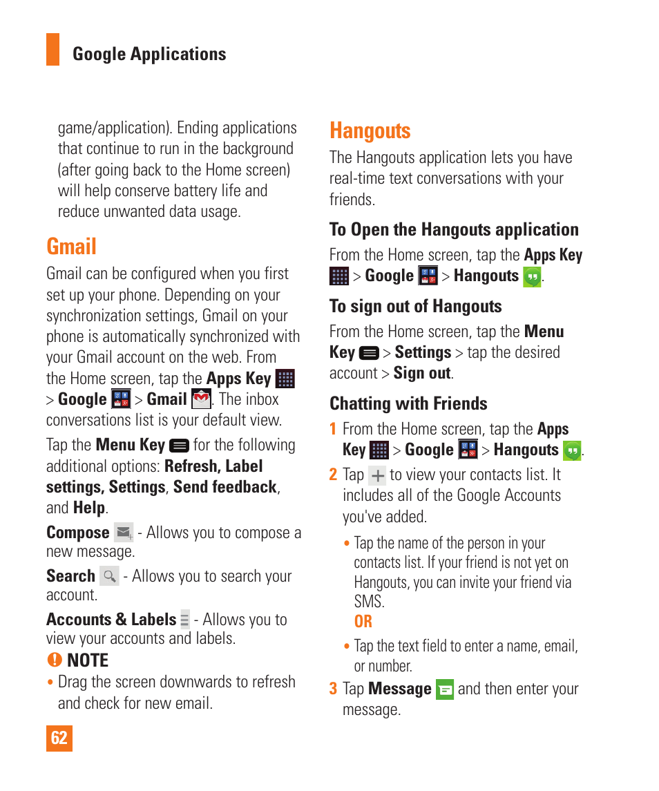 Gmail, Hangouts, Gmail hangouts | LG LGD950 User Manual | Page 62 / 136
