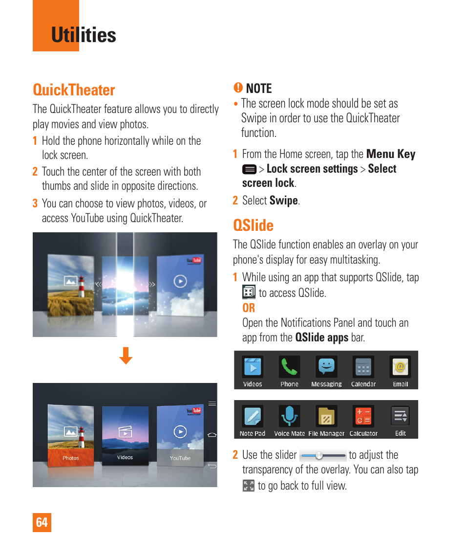 Utilities, Quicktheater, Qslide | Utilities quicktheater qslide | LG LGD950 User Manual | Page 64 / 136