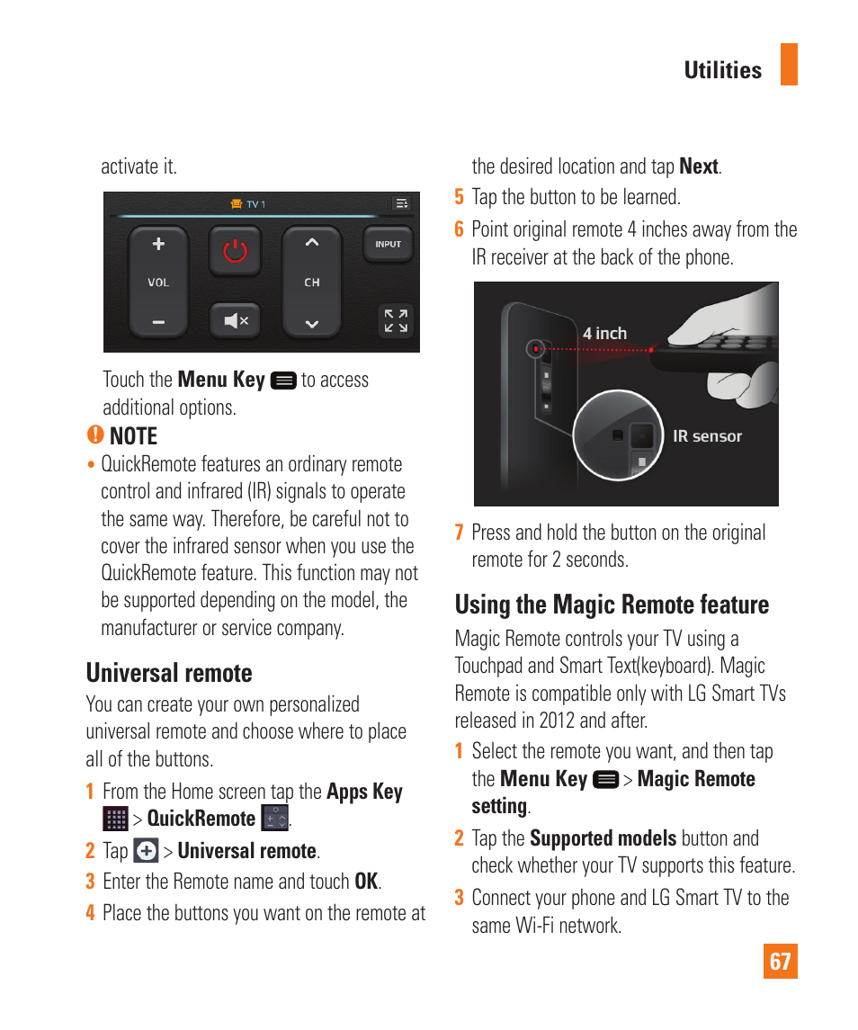 Universal remote, Using the magic remote feature | LG LGD950 User Manual | Page 67 / 136