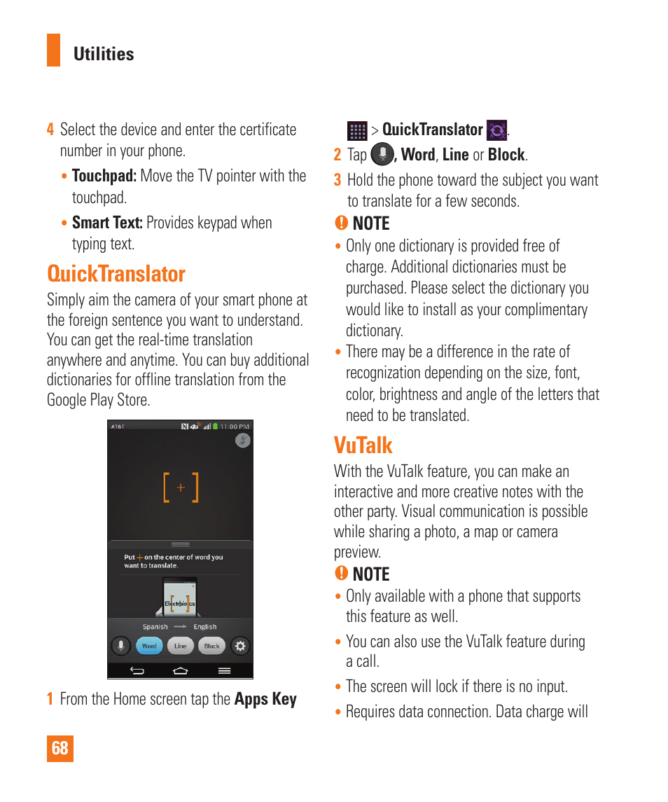 Quicktranslator, Vutalk, Quicktranslator vutalk | LG LGD950 User Manual | Page 68 / 136