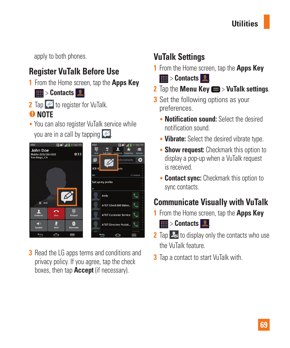 Register vutalk before use, Vutalk settings, Communicate visually with vutalk | LG LGD950 User Manual | Page 69 / 136