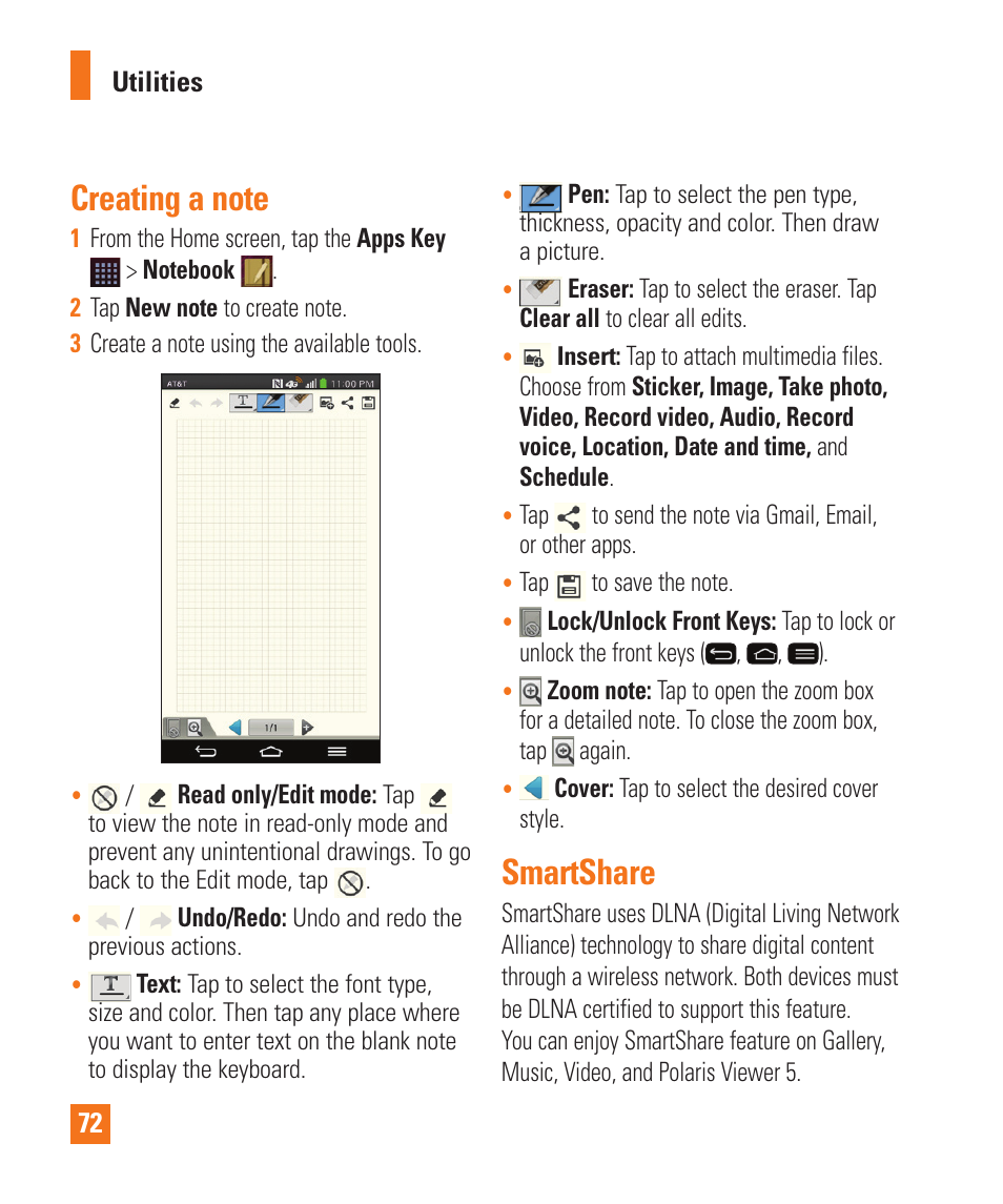 Creating a note, Smartshare, Creating a note smartshare | LG LGD950 User Manual | Page 72 / 136