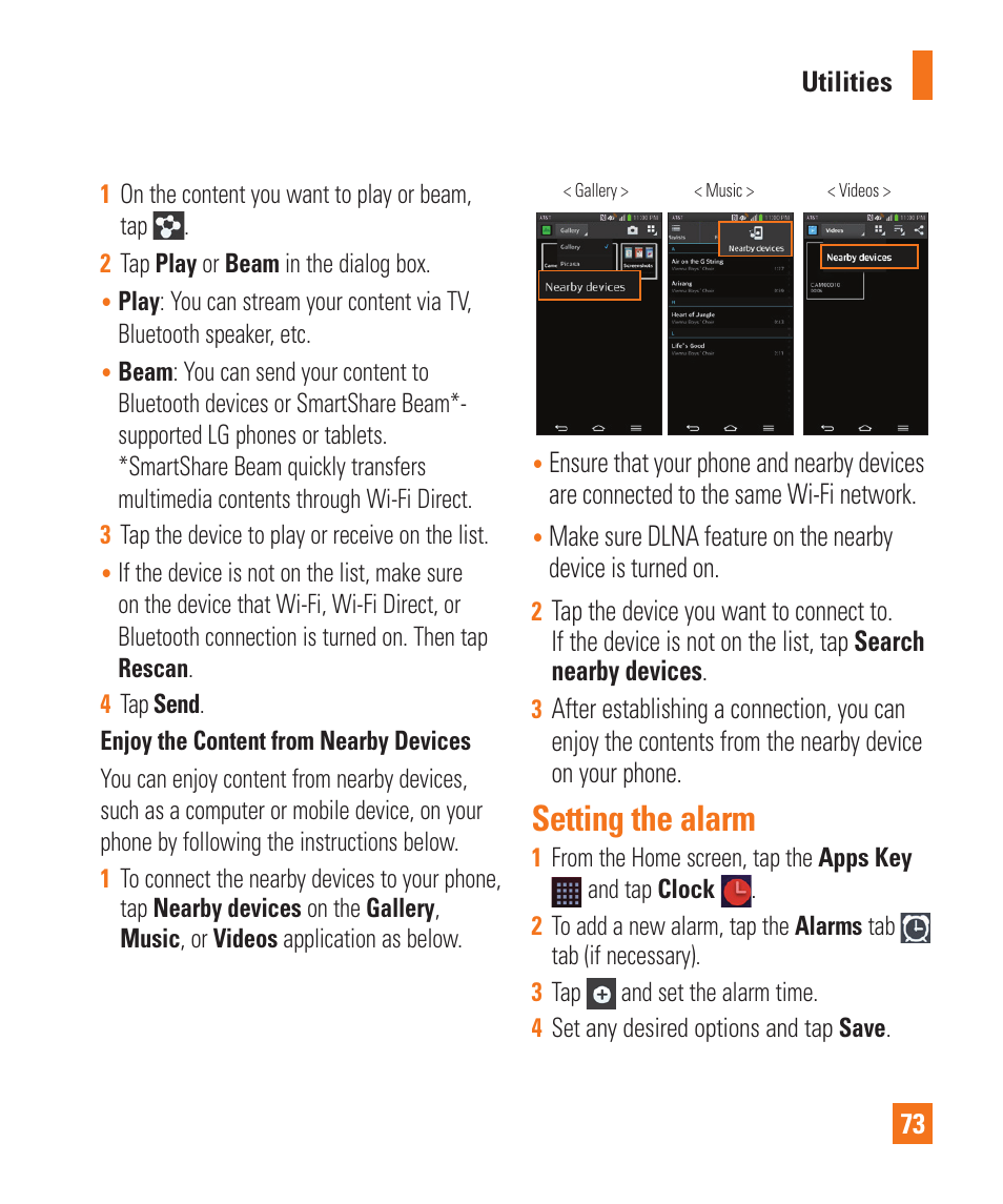 Setting the alarm | LG LGD950 User Manual | Page 73 / 136