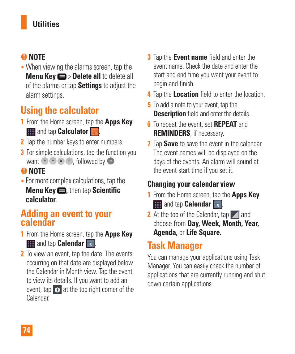 Using the calculator, Adding an event to your calendar, Task manager | LG LGD950 User Manual | Page 74 / 136