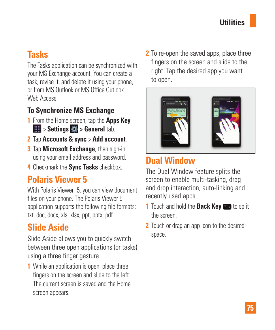 Tasks, Polaris viewer 5, Slide aside | Dual window, Tasks polaris viewer 5 slide aside dual window | LG LGD950 User Manual | Page 75 / 136