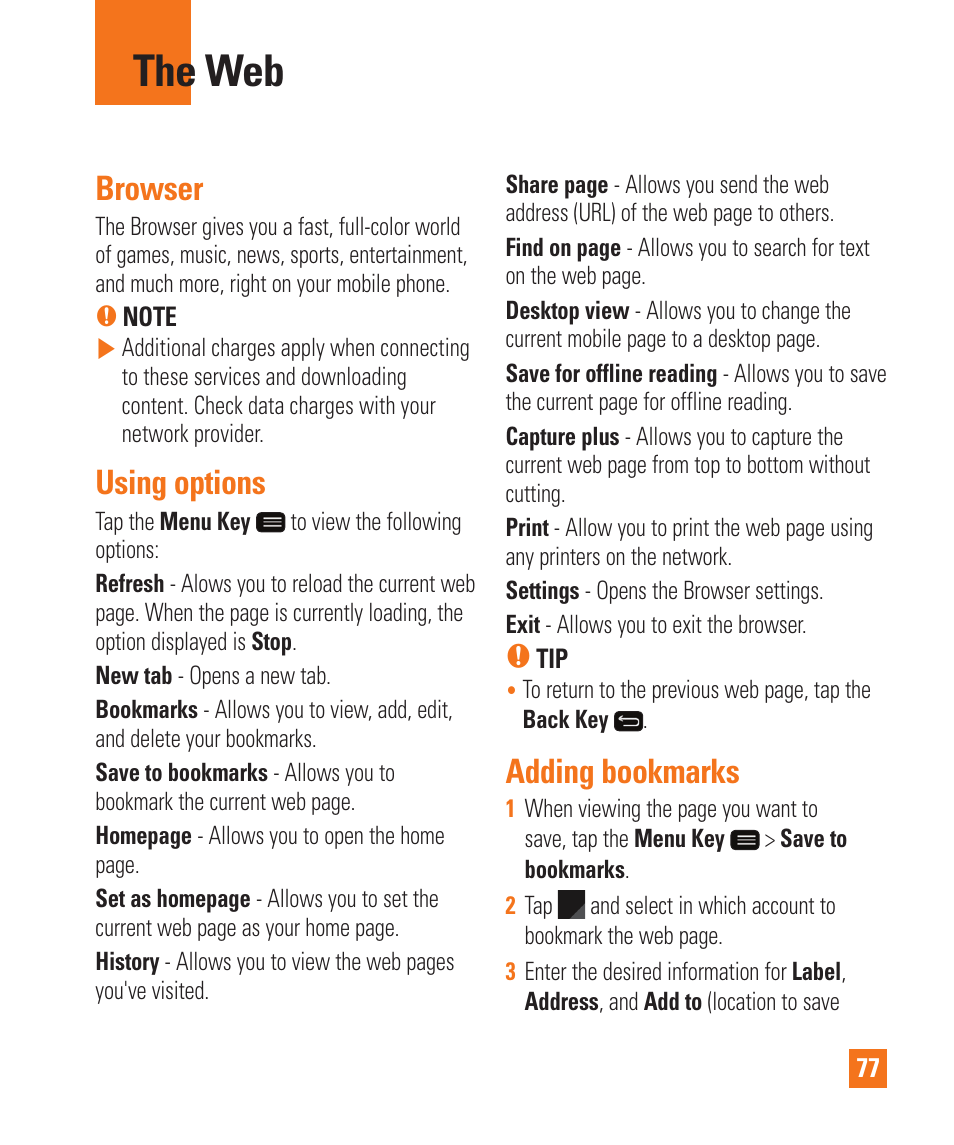 The web, Browser, Using options | Adding bookmarks, The web browser using options adding bookmarks | LG LGD950 User Manual | Page 77 / 136