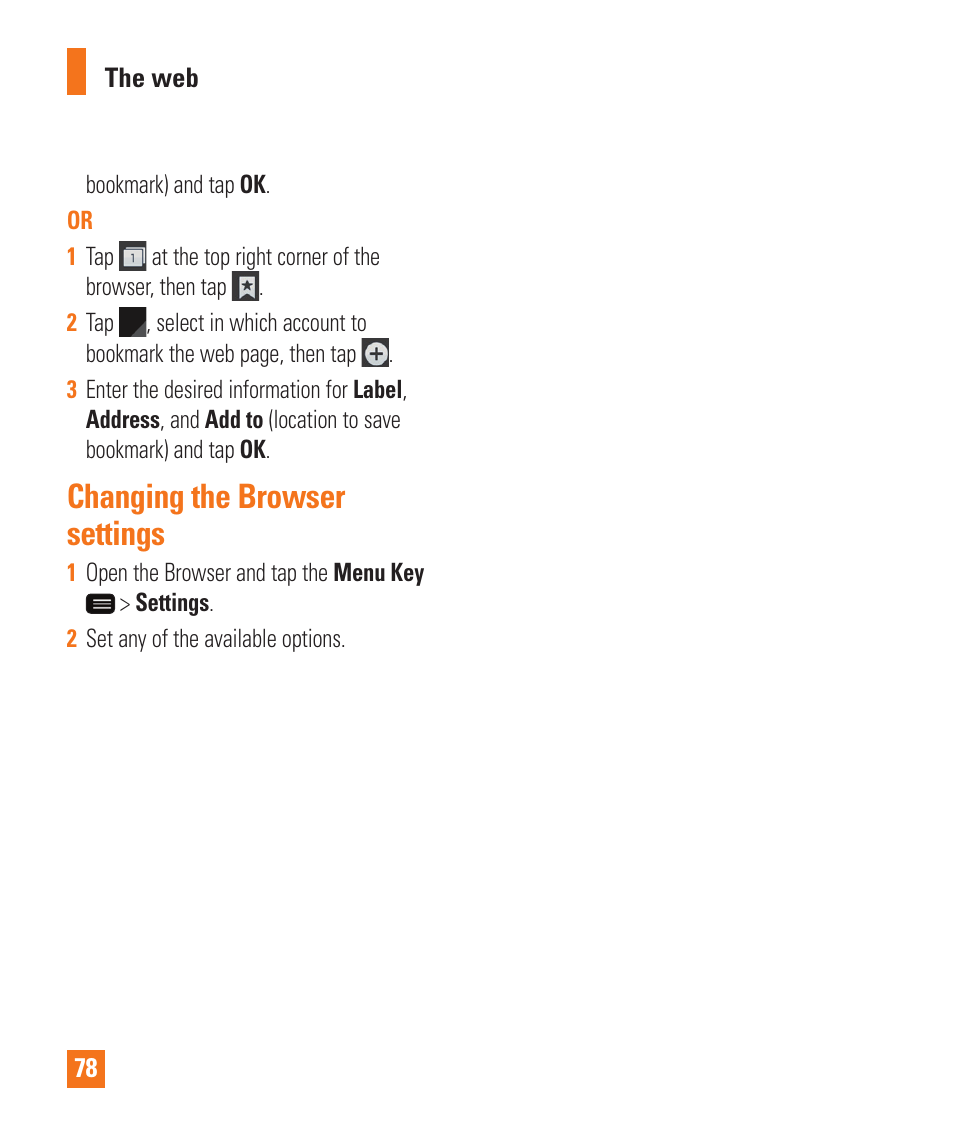 Changing the browser settings | LG LGD950 User Manual | Page 78 / 136