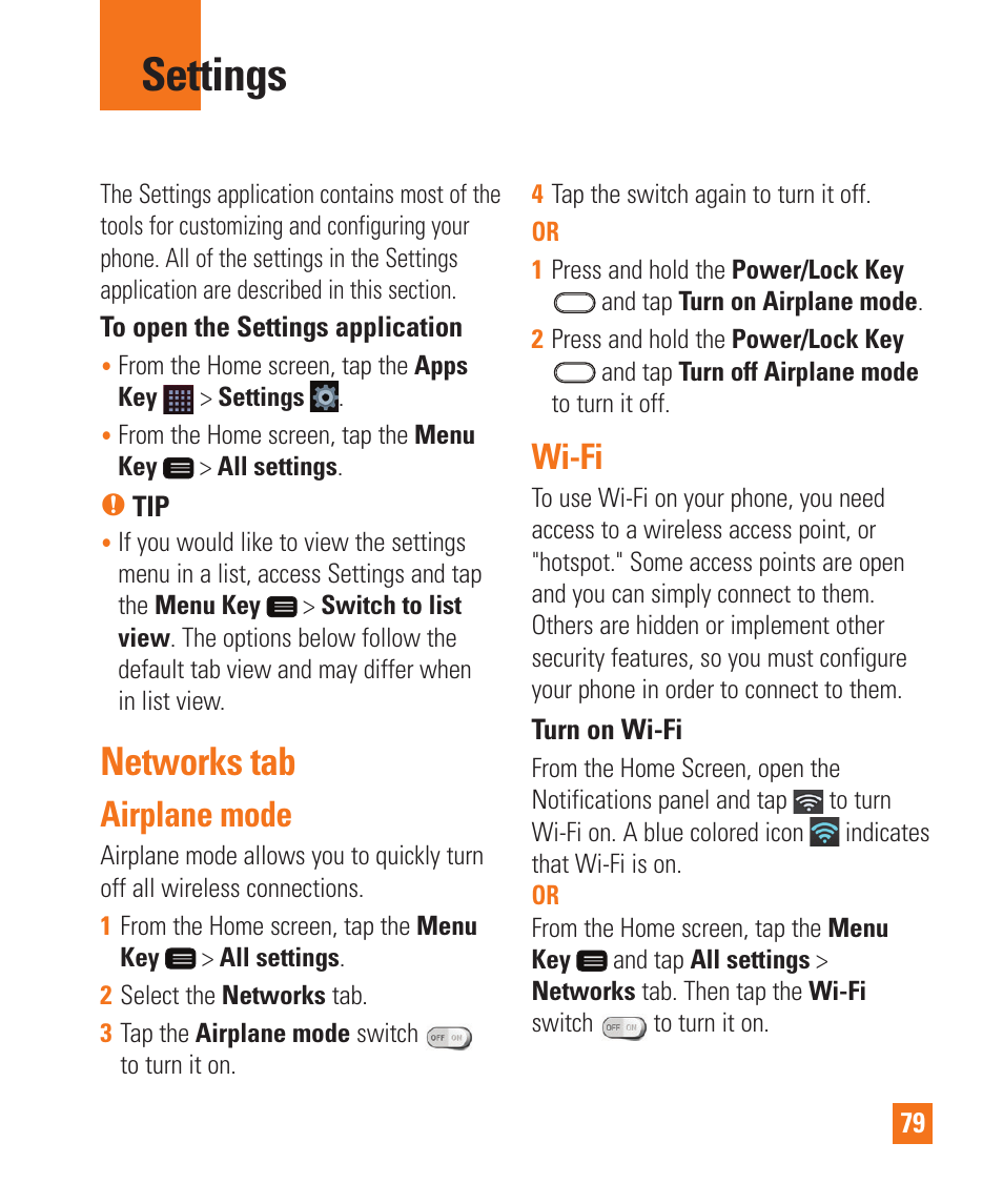 Settings, Networks tab, Airplane mode | Wi-fi, Settings networks tab airplane mode wi-fi | LG LGD950 User Manual | Page 79 / 136