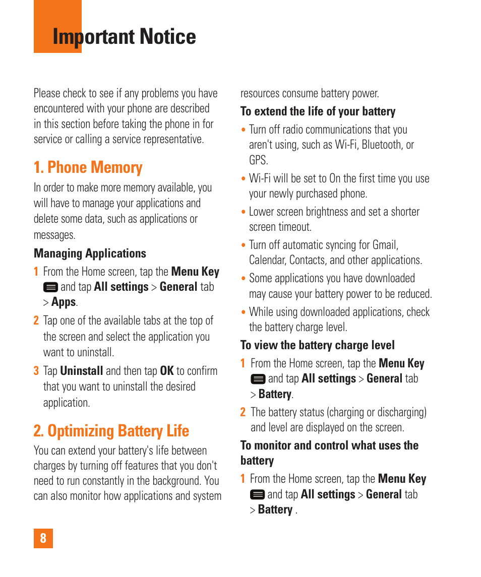 Important notice, Optimizing battery life | LG LGD950 User Manual | Page 8 / 136